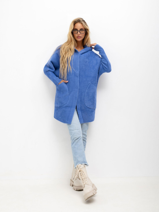 Blauer Alpakamantel mit Kapuze