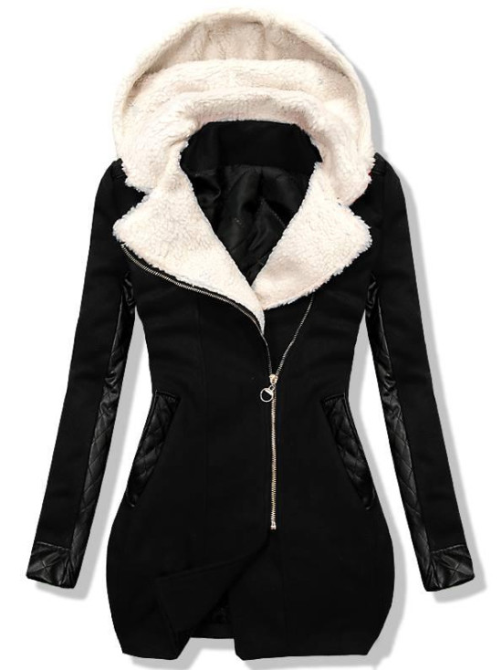 Wintermantel mit Kunstleder Applikation schwarz