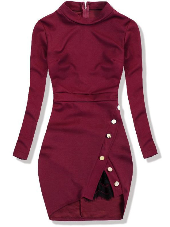 Kleid mit Zierknöpfen und Spitze bordorot