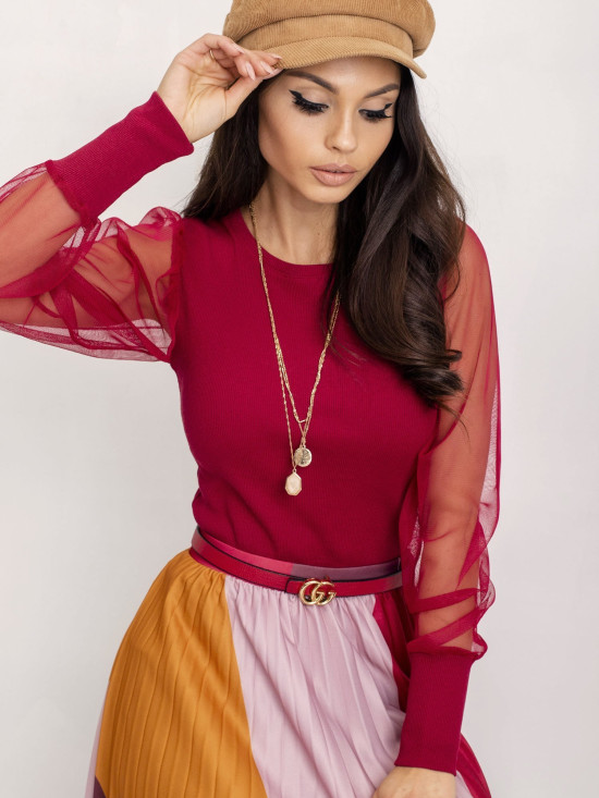 Bordeauxfarbige Bluse mit Netzärmeln RUE PARIS