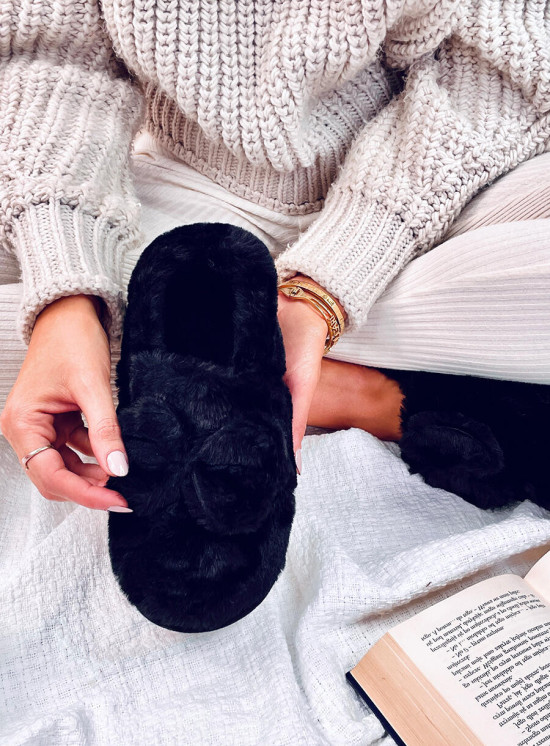 Kunstfell-Hausschuhe mit Schleife Schwarz