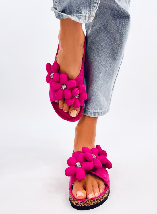 Damen Pantoletten mit Blumen Pink