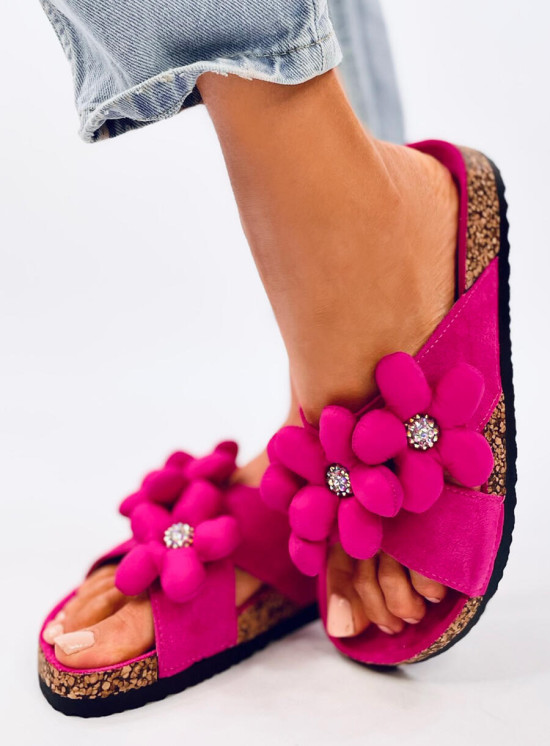 Damen Pantoletten mit Blumen Pink
