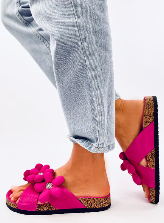 Damen Pantoletten mit Blumen Pink