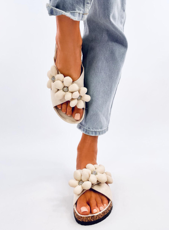 Damen Pantoletten mit Blumen Beige