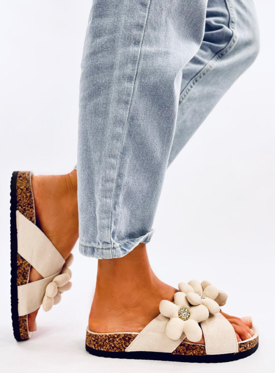 Damen Pantoletten mit Blumen Beige