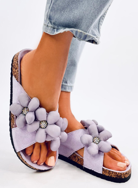 Damen Pantoletten mit Blumen Lila