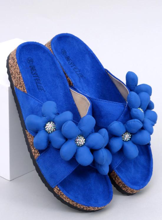 Damen Pantoletten mit Blumen Royal Blau
