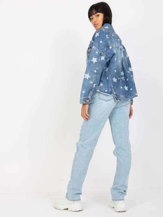 Blaue Damen Jeansjacke mit Druck und Löchern