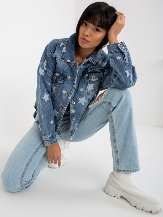 Blaue Damen Jeansjacke mit Druck und Löchern