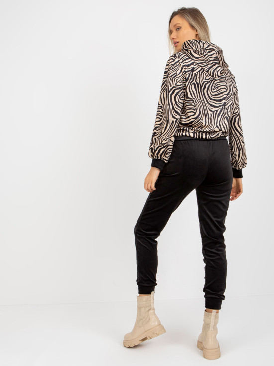 Beige-schwarzes Velours-Set mit Kapuzenpullover im Leopardenmuster RUE PARIS