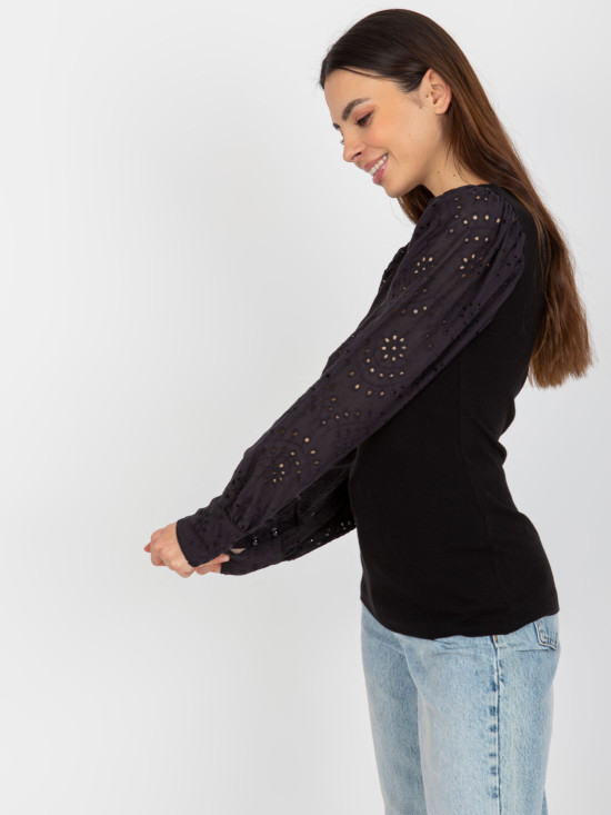 Schwarze elegante Bluse mit Spitzenärmeln OCH BELLA