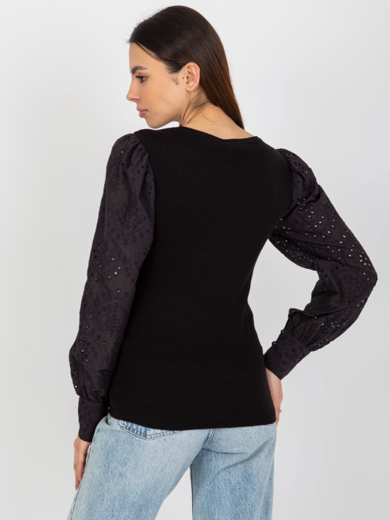 Schwarze elegante Bluse mit Spitzenärmeln OCH BELLA