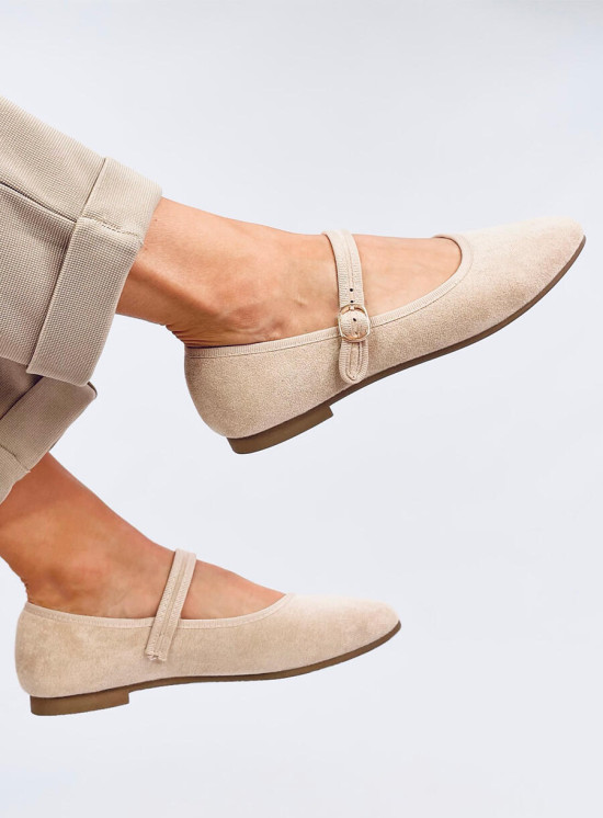 Ballerinas aus Wildleder mit Riemen Cremig Weiß