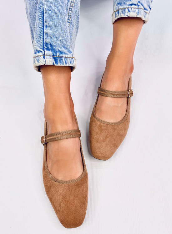 Ballerinas aus Wildleder mit Riemen Beige