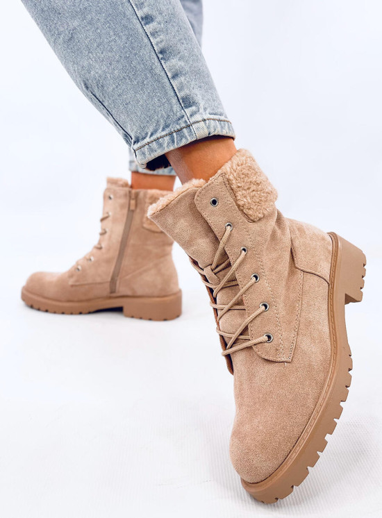 Schnürschuhe mit Kunstfell Beige