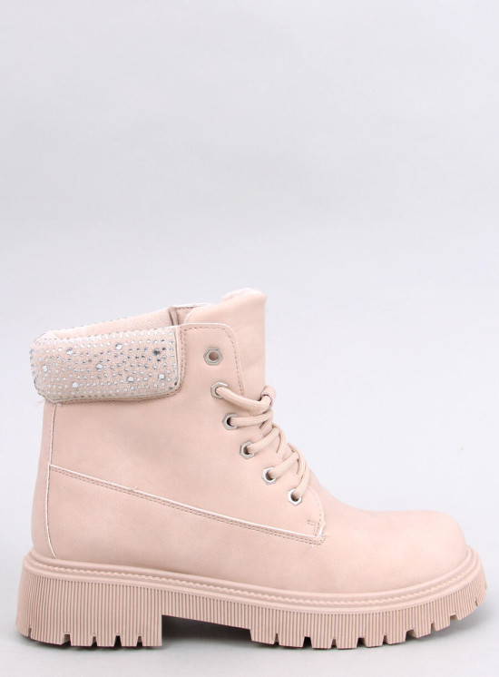 Beige Schnürstiefel mit Strasssteinen verziert