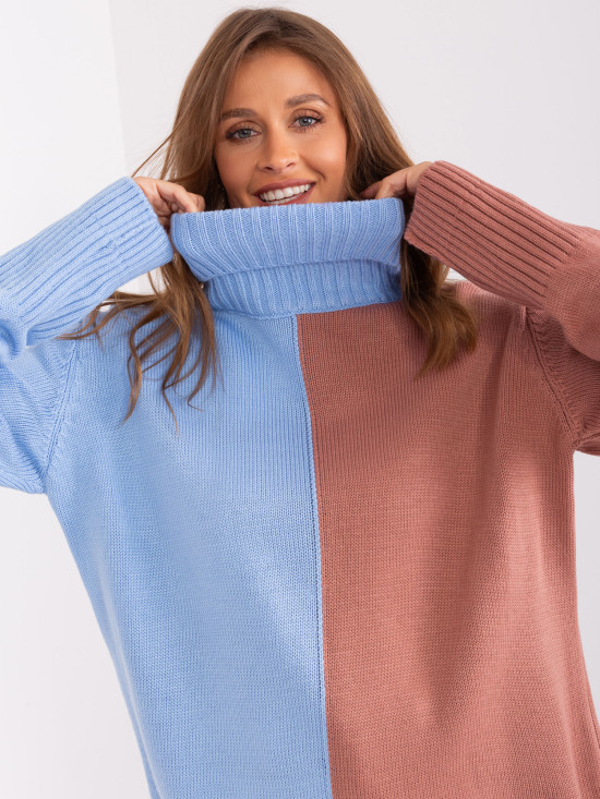Zweifarbiger Pullover mit Rollkragen in Blau-Rosa