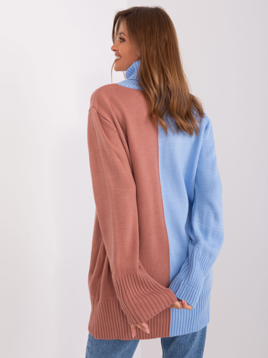 Zweifarbiger Pullover mit Rollkragen in Blau-Rosa