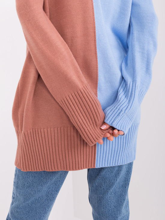 Zweifarbiger Pullover mit Rollkragen in Blau-Rosa