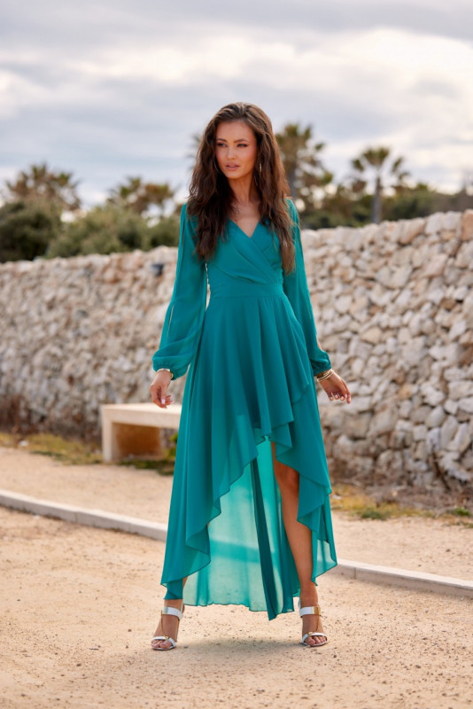 Asymmetrisches Maxi-Kleid mit langen Ärmeln in Hellgrün