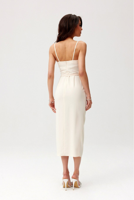Midi-Kleid mit Drapierung und Zierrose in hellem Beige