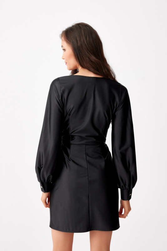 Satiniertes Mini-Kleid mit langen Ärmeln, schwarz