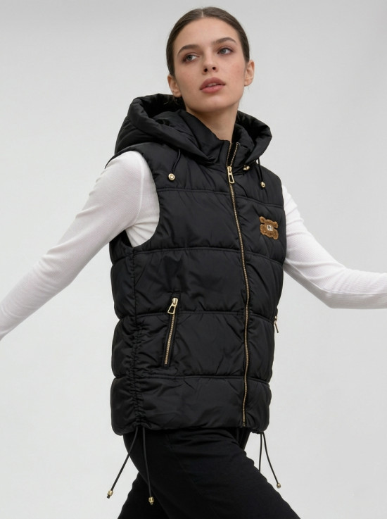 Gesteppte Damenweste mit abnehmbarer Kapuze Schwarz