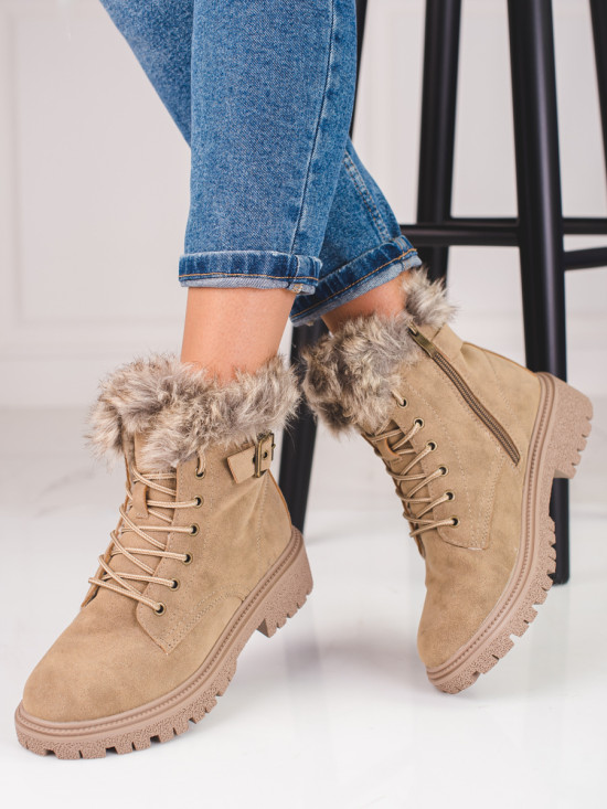 Beige Schnürstiefel mit Kunstfell