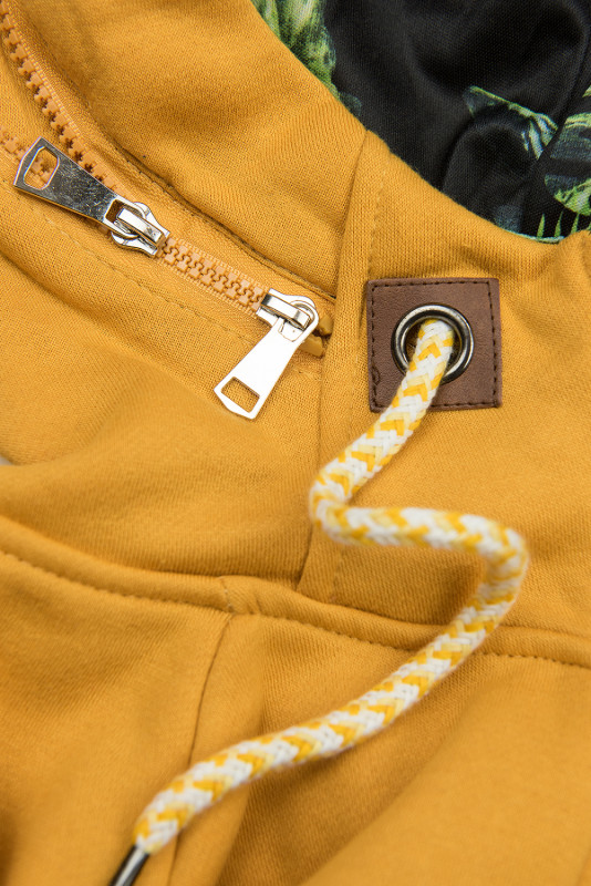Verlängerte Sweatjacke mit hohem Kragen und Kapuze gelb