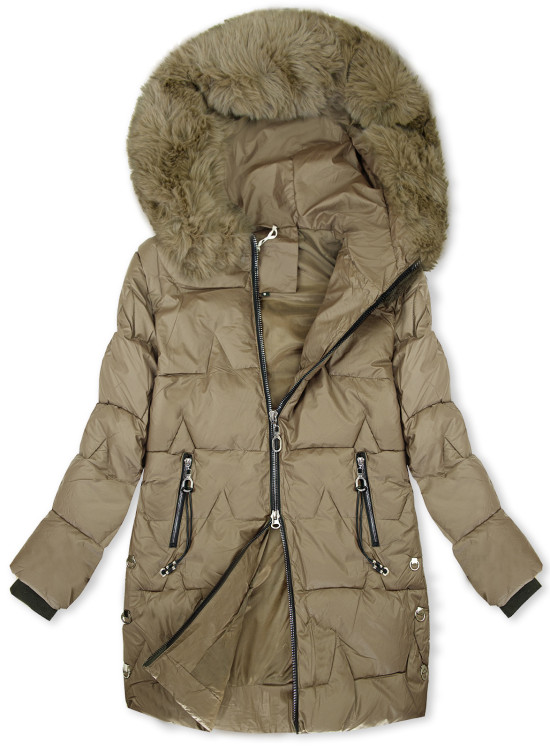 Damen-Steppmantel für den Winter mit abnehmbarem Fell Braun