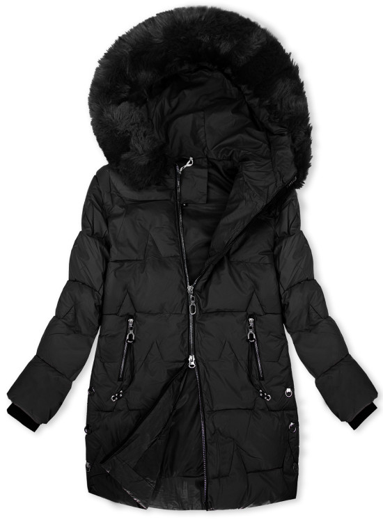 Damen-Steppmantel für den Winter mit abnehmbarem Fell Schwarz