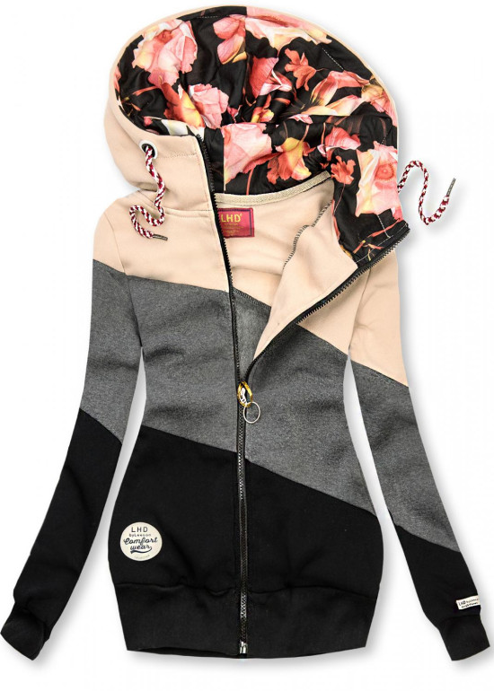 Kapuzensweatjacke in Colorblocking-Optik beige/anthrazit/schwarz