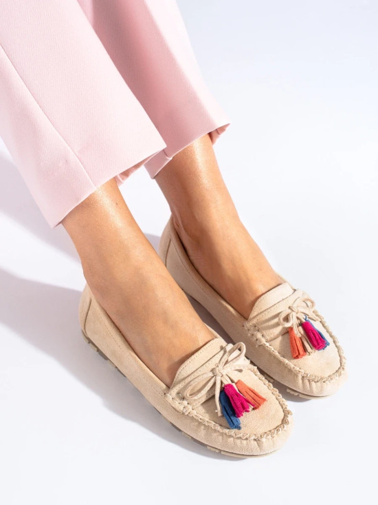 Beige Wildleder Mokassins Boho mit Fransen