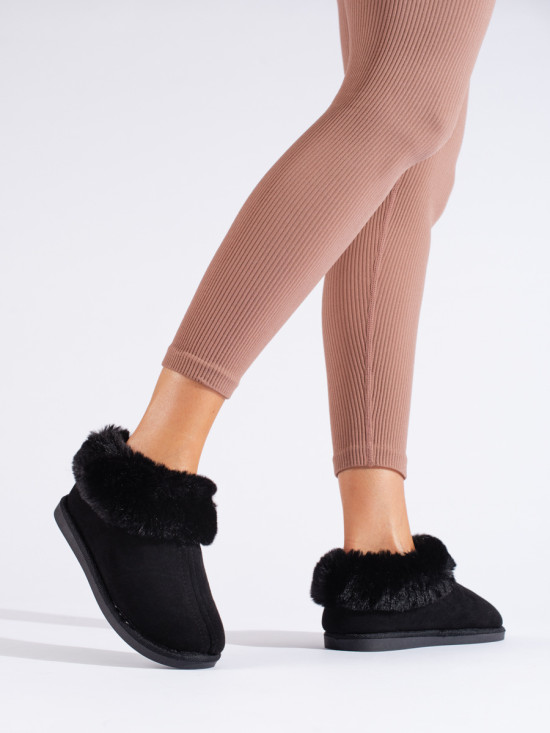 Damen Hausschuhe mit Kunstfell Schwarz