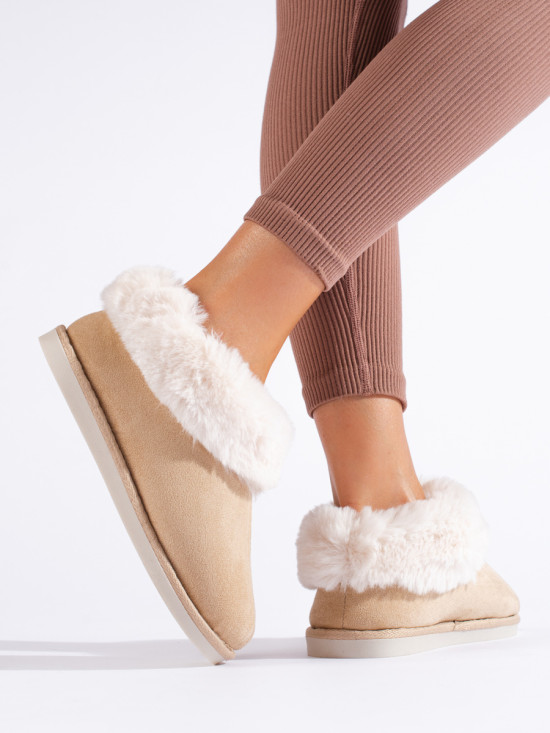 Damen Hausschuhe mit Kunstfell Beige