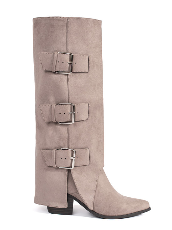 Beige Wildleder Stiefel mit Blockabsatz und Schnallen