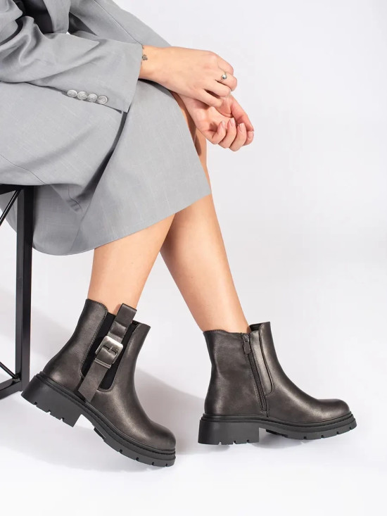 Dunkelbraune metallische Stiefeletten mit Schnalle