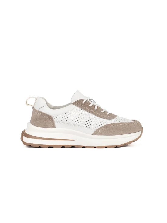 Lederne durchbrochene Sportschuhe mit dicker Sohle in Weiß-Beige