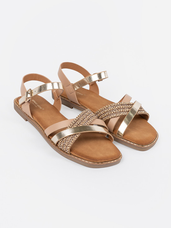 Goldene Damen Sandalen mit flachem Absatz