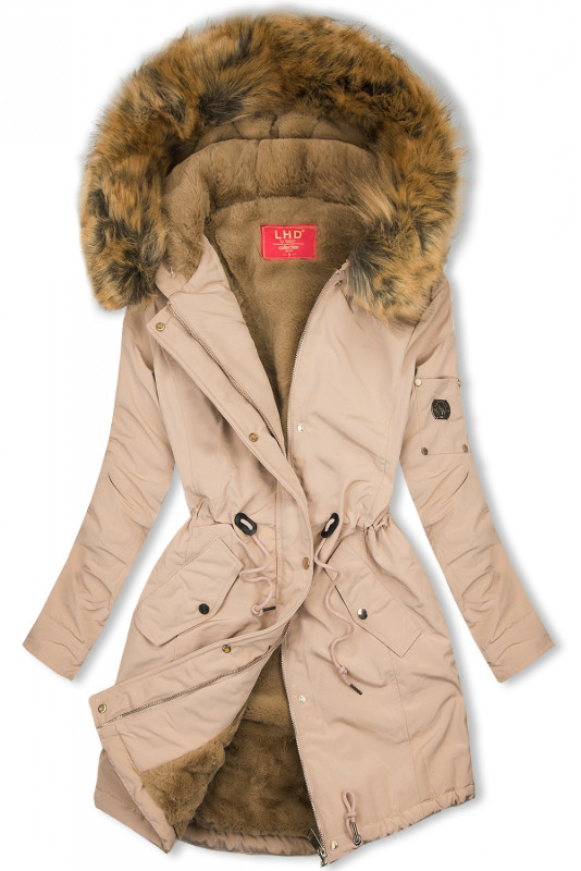 Winterparka mit abnehmbarem Kunstfell beige