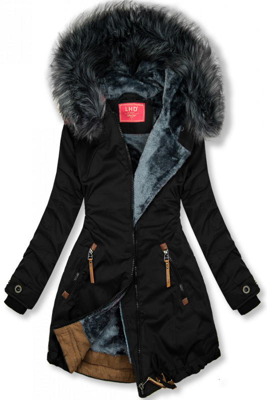 Winterparka mit Kunstfell-Kapuze schwarz/grau