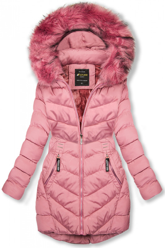 Winterjacke mit Fellimitat an der Kapuze rosa
