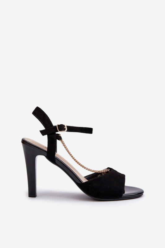 Sandale aus Velourslederimitat mit Kettendetail, Stilettoabsatz, schwarz