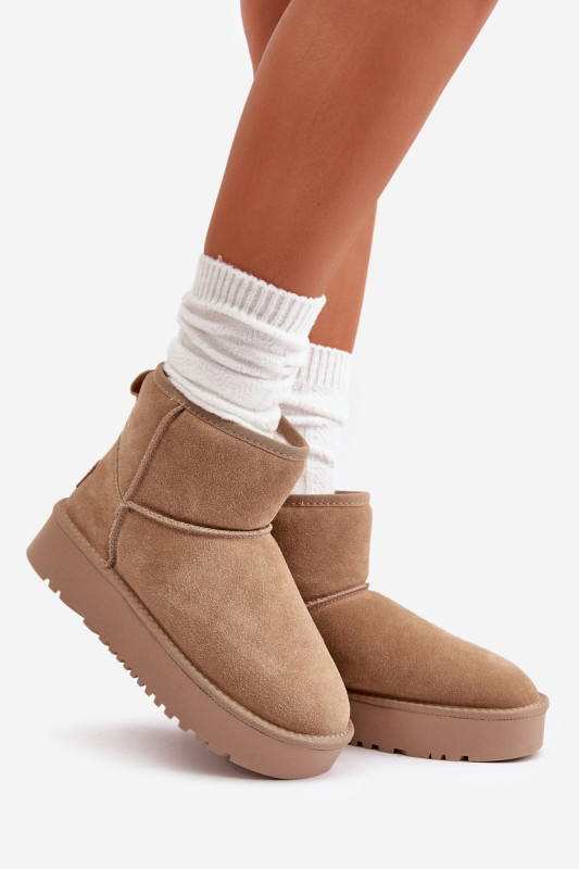 Beige Schneestiefel aus Veloursleder mit Plateau