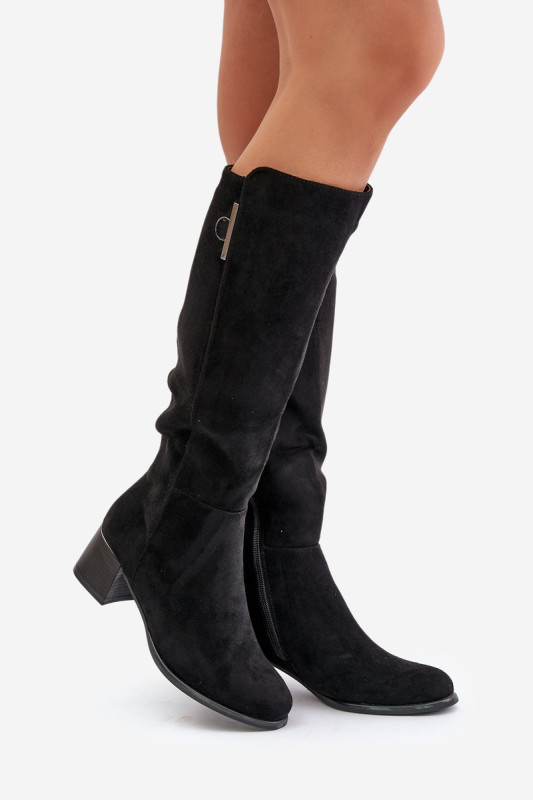 Schwarze Stiefel aus Öko-Veloursleder mit Blockabsatz bis zum Knie