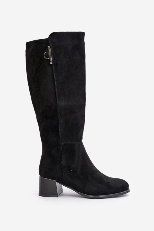 Schwarze Stiefel aus Öko-Veloursleder mit Blockabsatz bis zum Knie