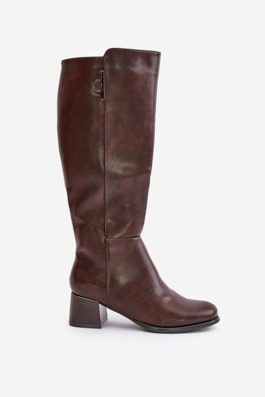 Braune Stiefel mit Blockabsatz aus Kunstleder bis zum Knie