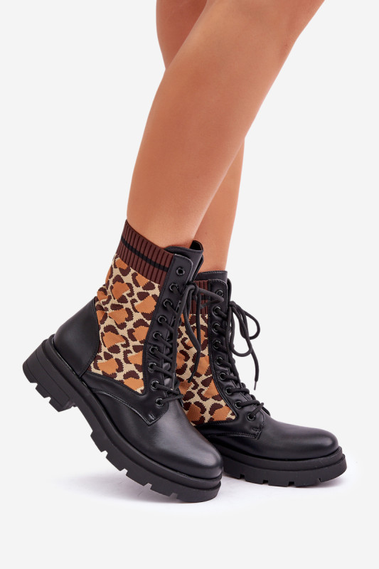 Schwarze Ankle-Boots mit Leopardenmuster und Sockeneinsatz