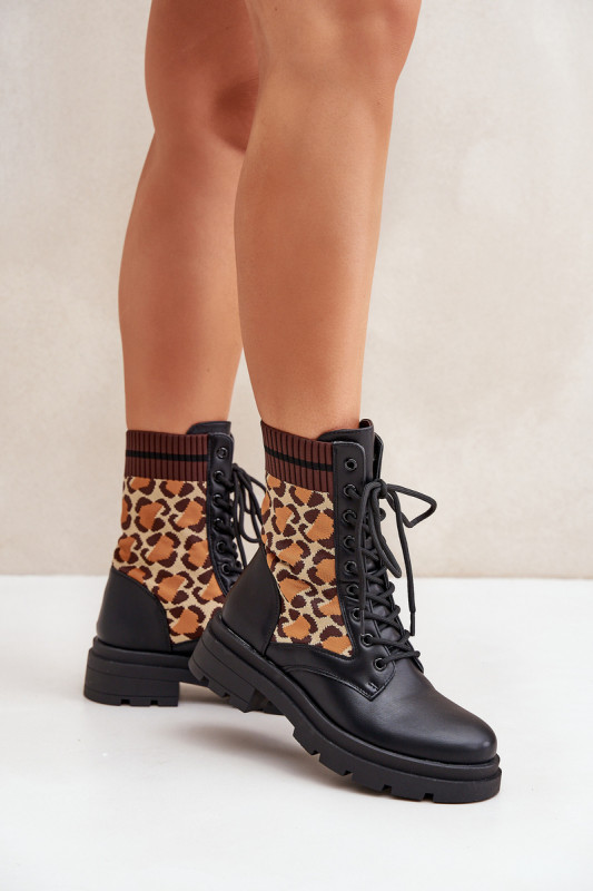 Schwarze Ankle-Boots mit Leopardenmuster und Sockeneinsatz